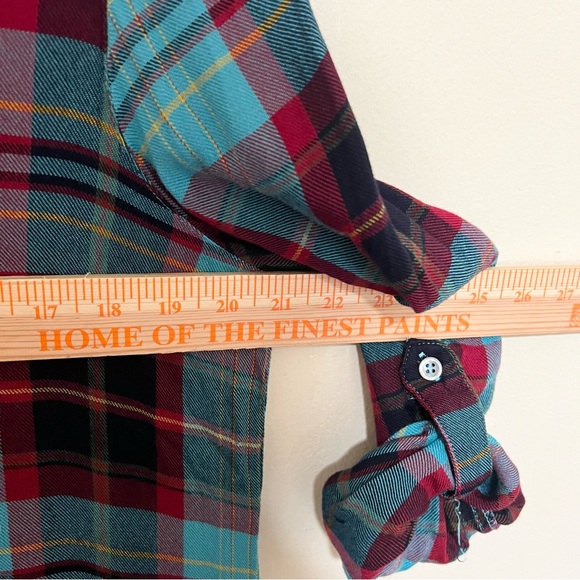 Soft Surroundings M Adeline Button Down Plaid Turquoise Lace Hem Tunic - Picture 7 of 8